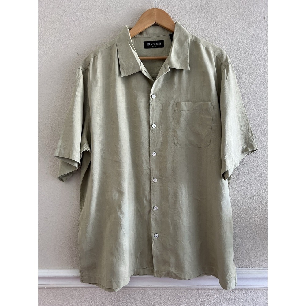 Brandini 100% Silk Sage Green Short Sleeve Button Up Shirt Men's XL Old Money
